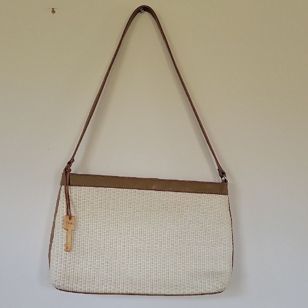 Fossil Cream and Tan Shoulder Bag with Leather Trim